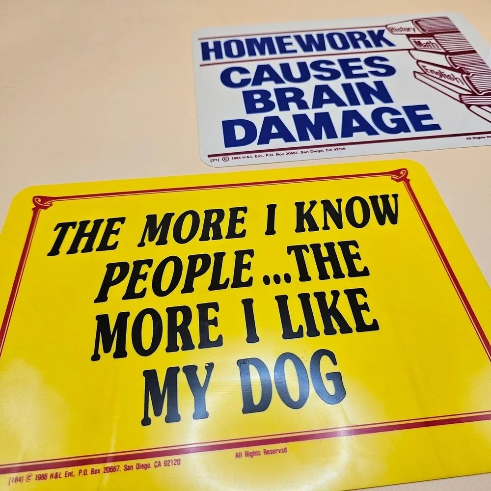 Vintage 1984 1986 H&L Ent Homework Causes Brain Damage Sign Retro Funny Set of 2